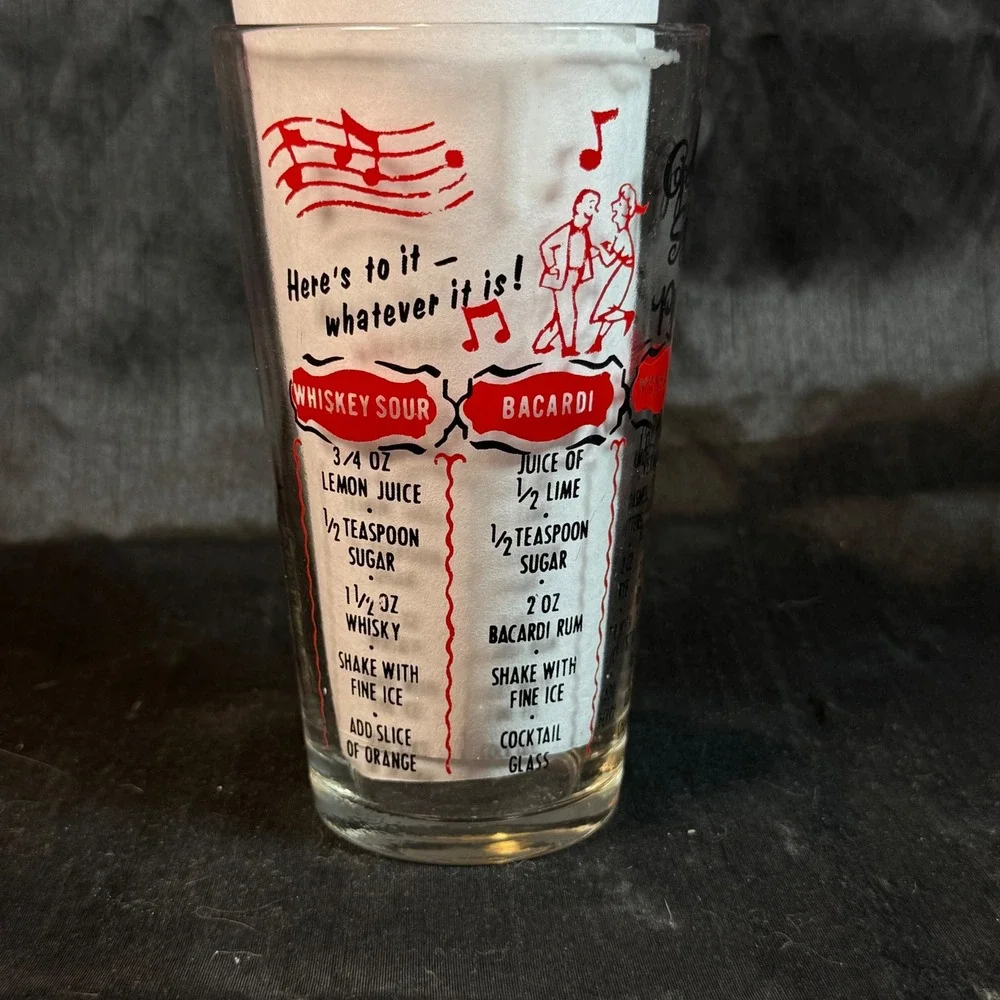 Vintage Federal Glass Cocktail Recipe Mixing Glass Red Black Mid Century 12oz